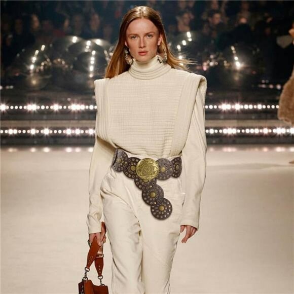 Womens wide boho leather belt vintage western chunky waist belt with metal buckl - Picture 2 of 7